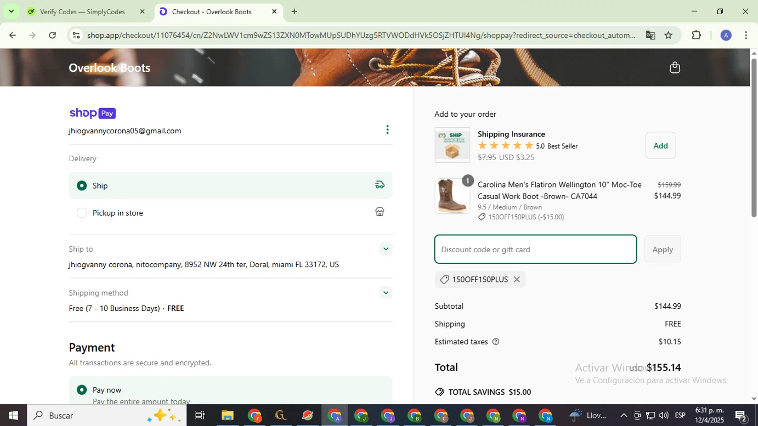 Overlook Boots discount code screenshot showing code 150OFF150PLUS applied at Overlook Boots checkout page. Uploaded by SimplyCodes community member TreasureCaptain5531 on Apr 13, 2025