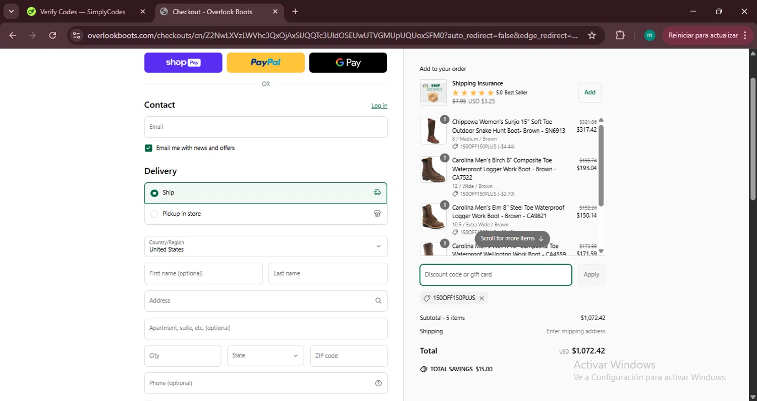 Overlook Boots discount code screenshot showing code 150OFF150PLUS applied at Overlook Boots checkout page. Uploaded by SimplyCodes community member CrownSpotter4262 on Apr 13, 2025