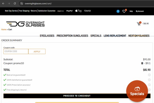 Overnight Glasses checkout page showing Overnight Glasses coupon code box | Screenshot taken by SimplyCodes community member on Sep 1, 2025