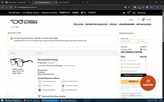 Overnight Glasses checkout page showing Overnight Glasses coupon code box | Screenshot taken by SimplyCodes community member on Sep 2, 2025