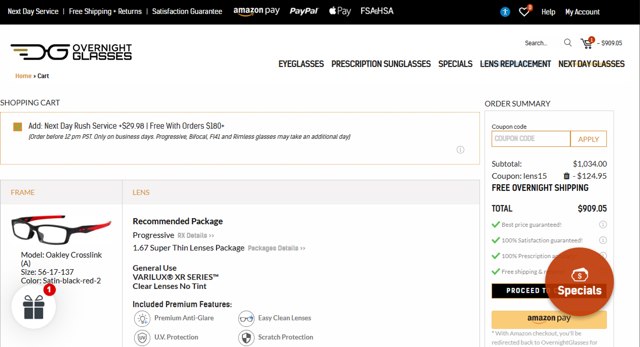 Overnight Glasses checkout page showing Overnight Glasses coupon code box | Screenshot taken by SimplyCodes community member on Sep 1, 2025