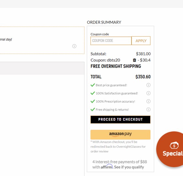 Overnight Glasses checkout page showing Overnight Glasses coupon code box | Screenshot taken by SimplyCodes community member on Aug 26, 2025
