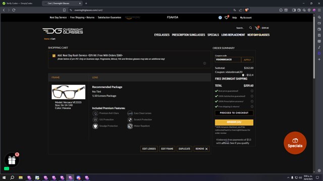 Overnight Glasses checkout page showing Overnight Glasses coupon code box | Screenshot taken by SimplyCodes community member on Aug 26, 2025