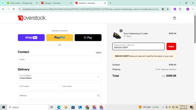 Overstock checkout page showing Overstock discount code box | Screenshot taken by SimplyCodes community member on Mar 28, 2025