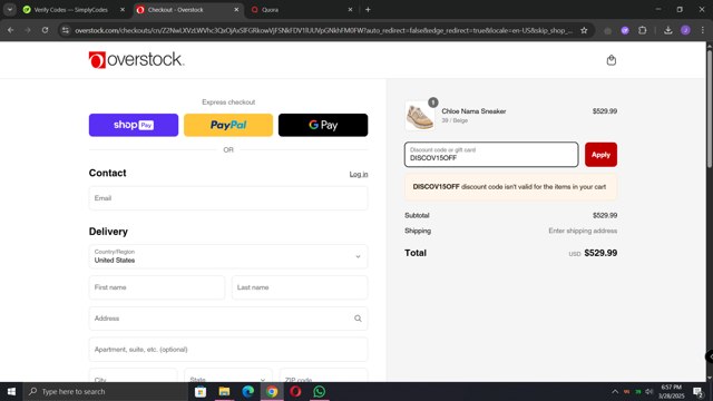 Overstock checkout page showing Overstock discount code box | Screenshot taken by SimplyCodes community member on Mar 28, 2025