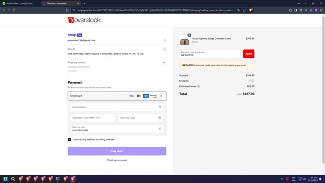 Overstock checkout page showing Overstock discount code box | Screenshot taken by SimplyCodes community member on Mar 22, 2025