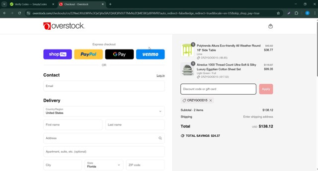 Overstock checkout page showing Overstock discount code box | Screenshot taken by SimplyCodes community member on Mar 22, 2025