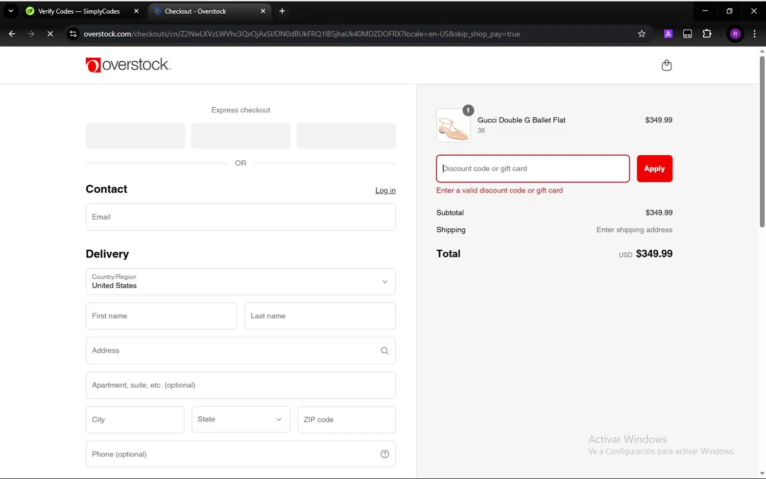 Overstock discount code screenshot showing code 20 applied at Overstock checkout page. Uploaded by SimplyCodes community member GabrielCichero on Apr 9, 2025