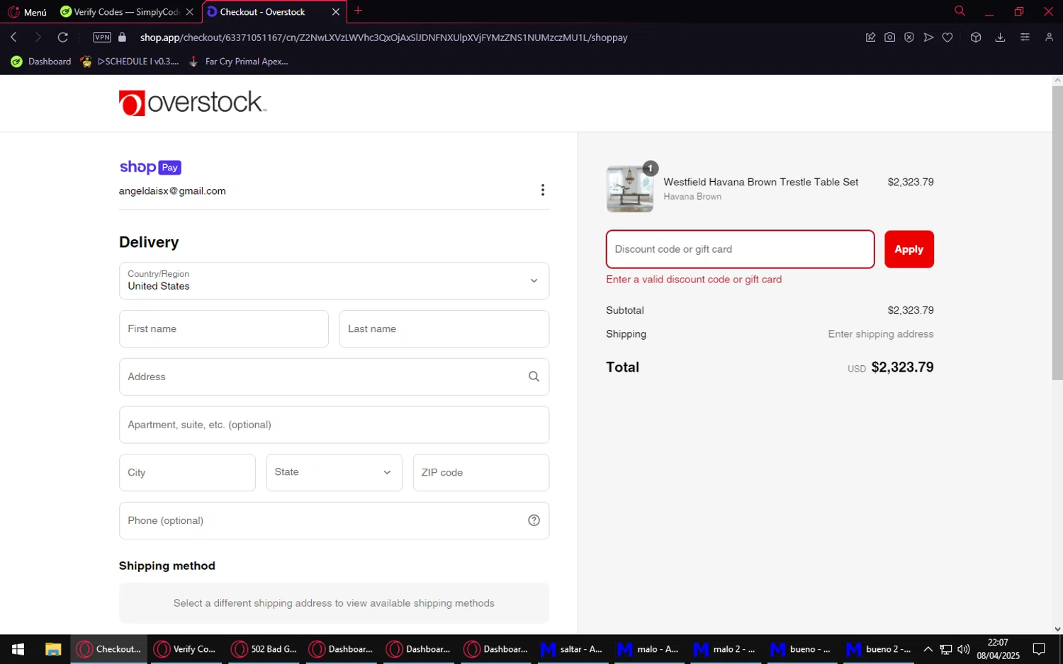 Overstock discount code screenshot showing code 20 applied at Overstock checkout page. Uploaded by SimplyCodes community member LuckyVirtuoso1831 on Apr 9, 2025
