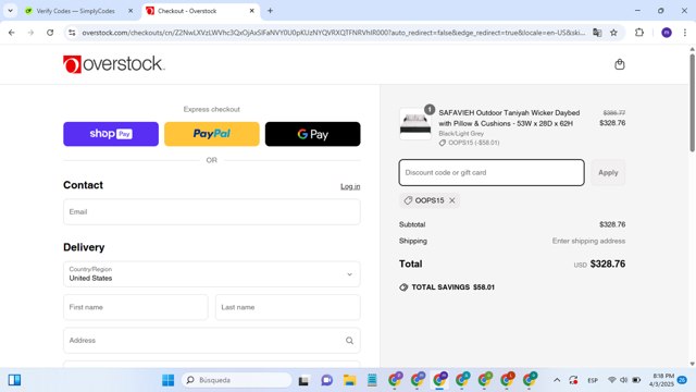 Overstock checkout page showing Overstock discount code box | Screenshot taken by SimplyCodes community member on Apr 4, 2025