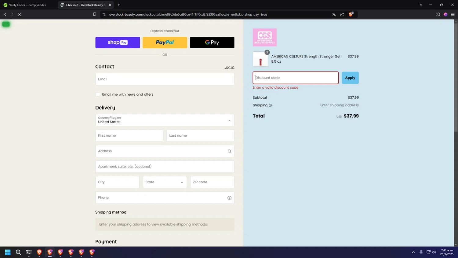Overstock Beauty discount code screenshot showing code NYE25 applied at Overstock Beauty checkout page. Uploaded by SimplyCodes community member 000000ooooooooooo on Jan 28, 2025