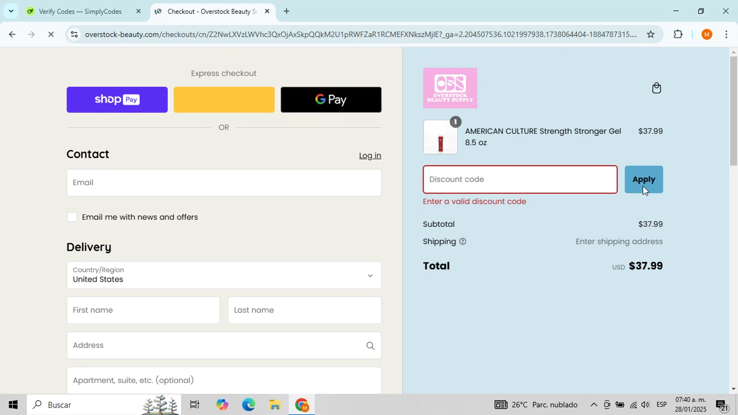 Overstock Beauty discount code screenshot showing code NYE25 applied at Overstock Beauty checkout page. Uploaded by SimplyCodes community member WonderDefender8727 on Jan 28, 2025