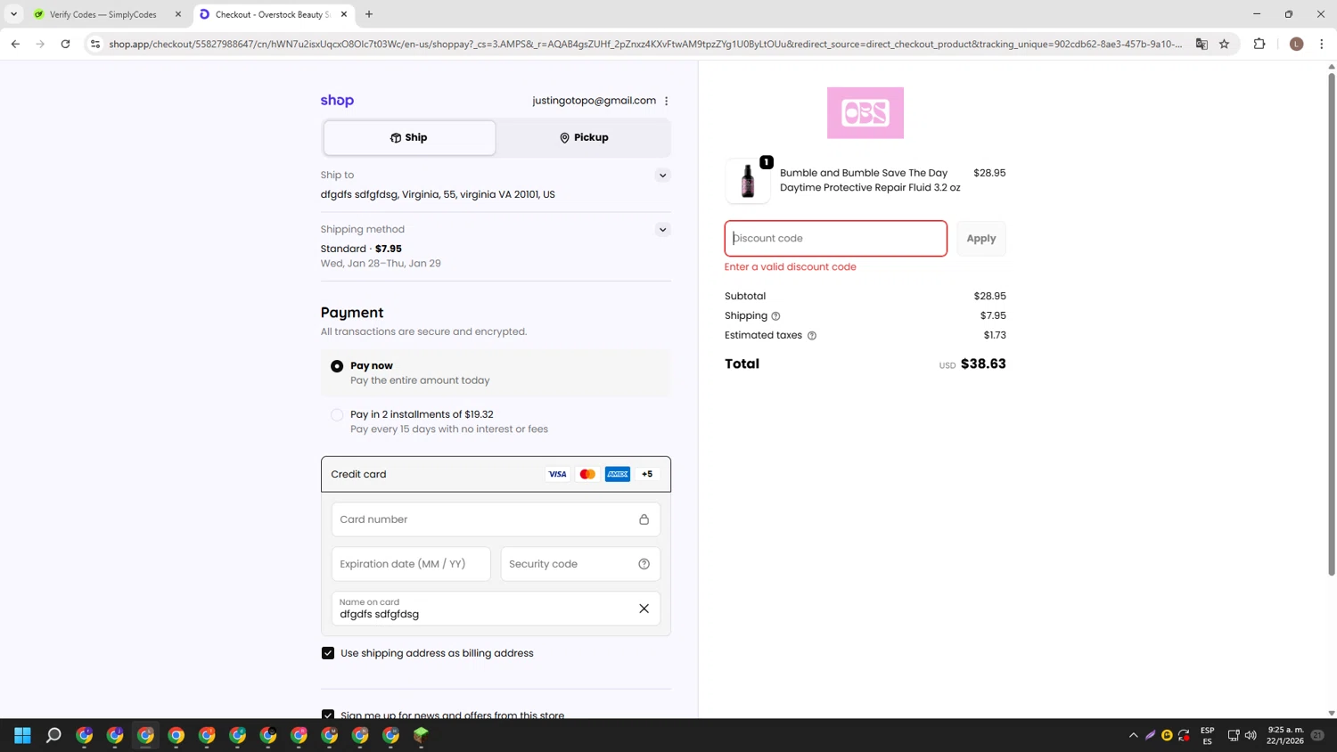 Overstock Beauty discount code screenshot showing code BLACKFRIDAY applied at Overstock Beauty checkout page. Uploaded by SimplyCodes community member BENELLI on Jan 22, 2026
