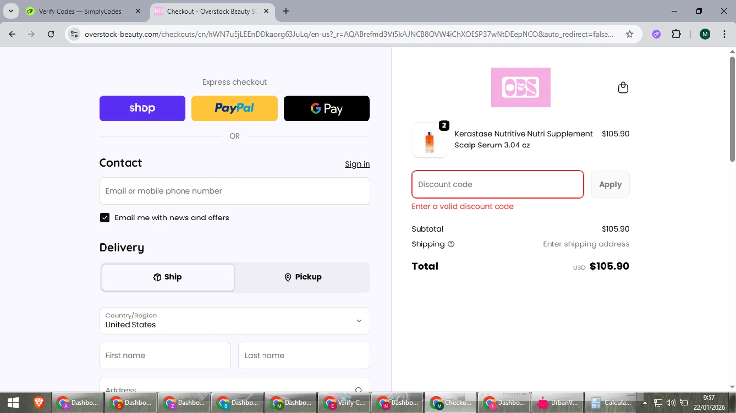 Overstock Beauty discount code screenshot showing code BLACKFRIDAY applied at Overstock Beauty checkout page. Uploaded by SimplyCodes community member suieeloves on Jan 22, 2026