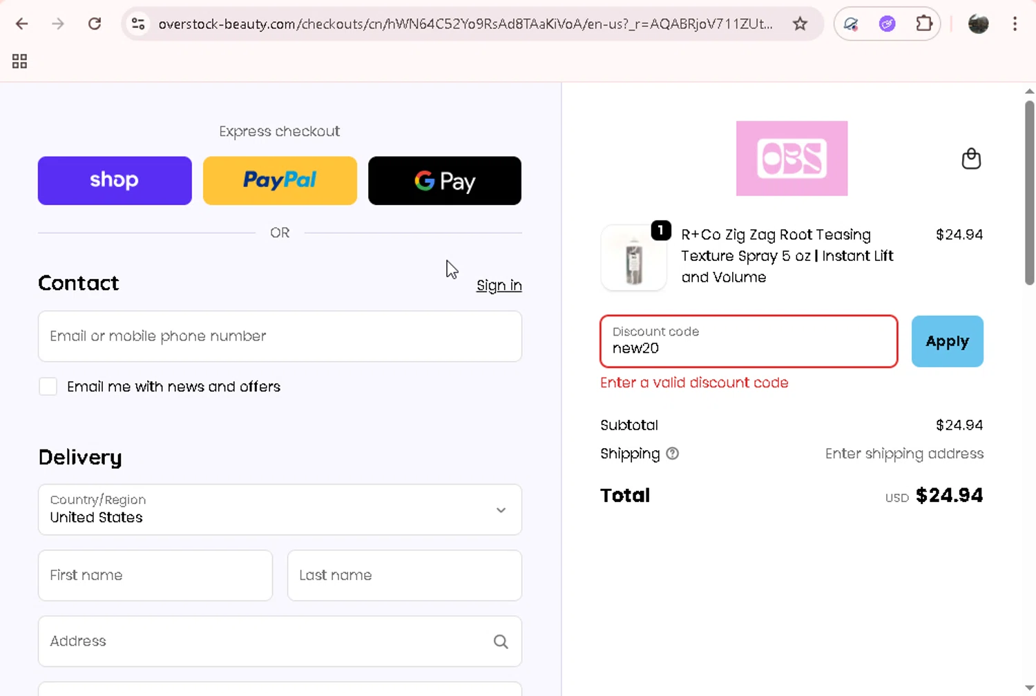 Overstock Beauty discount code screenshot showing code new20 applied at Overstock Beauty checkout page. Uploaded by SimplyCodes community member Jesusvasquezzz on Dec 5, 2025