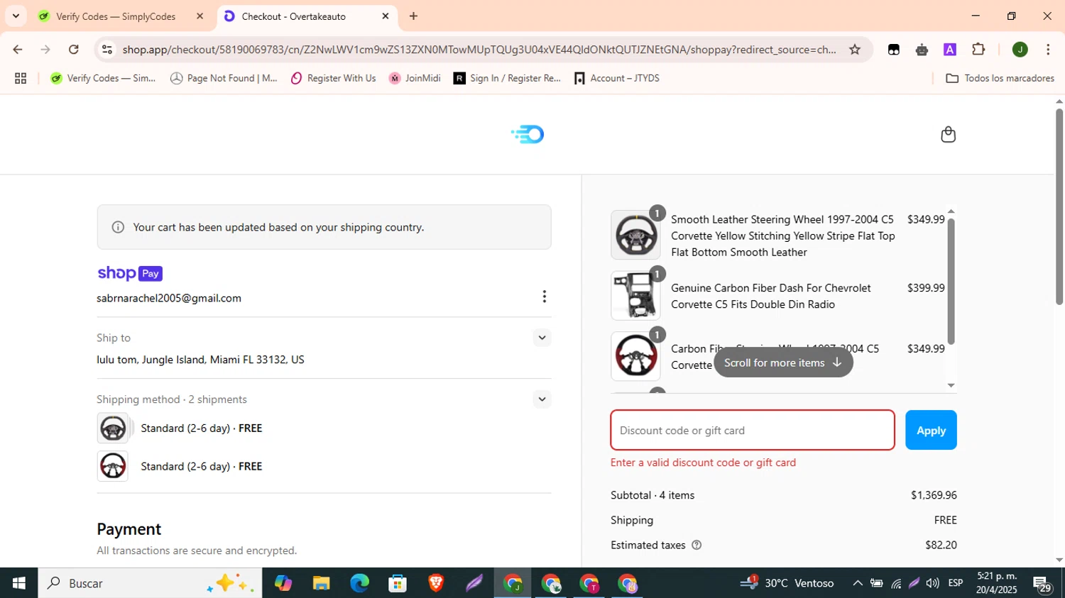 OvertakeAuto promo code screenshot showing code CORVETTE applied at OvertakeAuto checkout page. Uploaded by SimplyCodes community member CleverBoss9743 on Apr 20, 2025