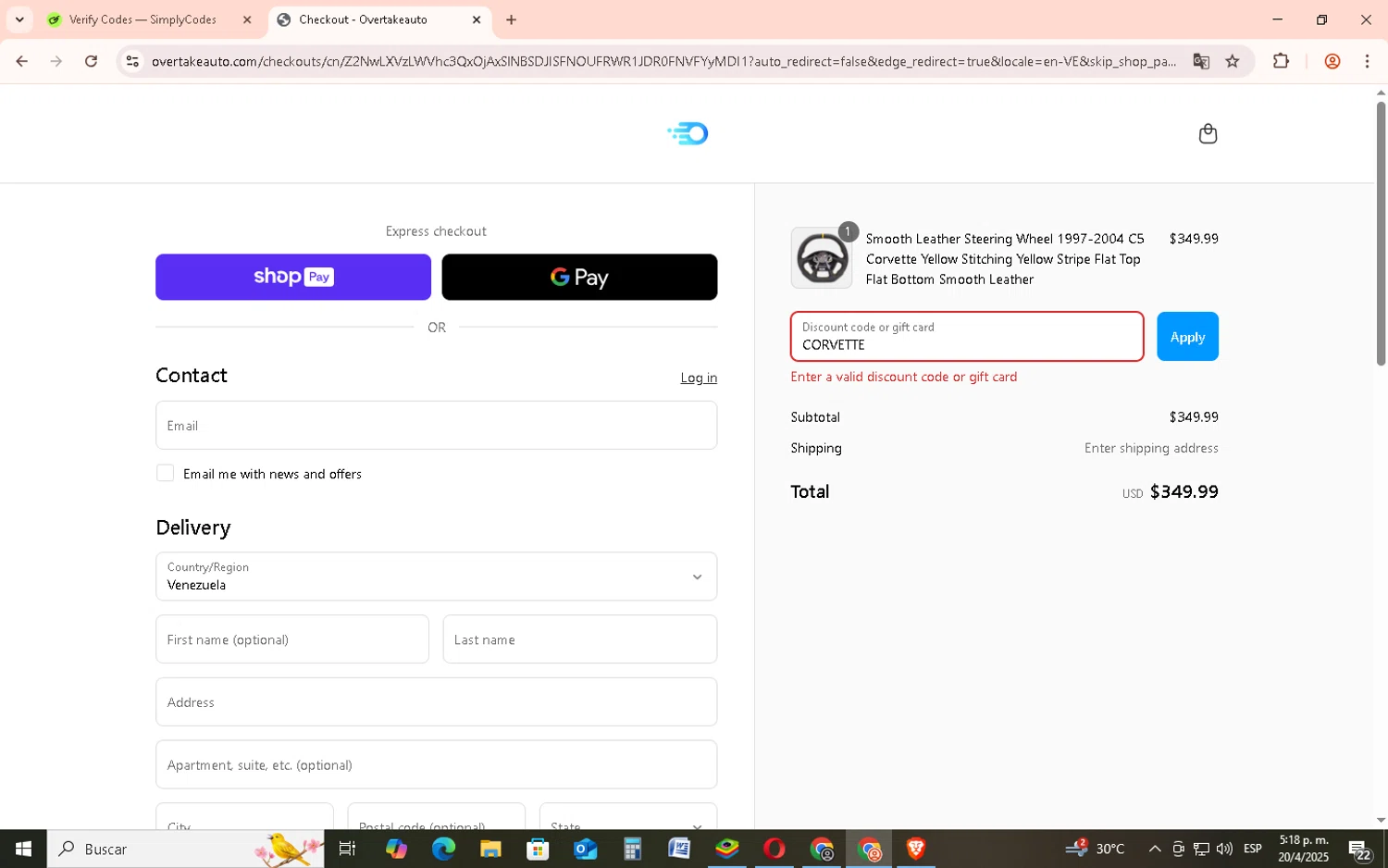 OvertakeAuto promo code screenshot showing code CORVETTE applied at OvertakeAuto checkout page. Uploaded by SimplyCodes community member EpicSage3474 on Apr 20, 2025