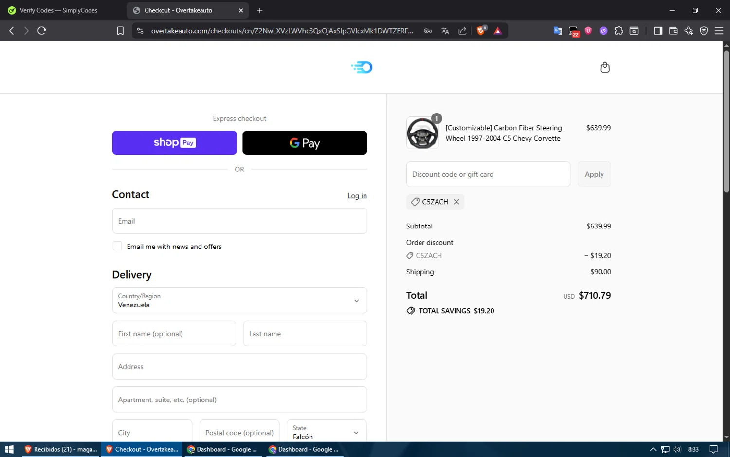 OvertakeAuto promo code screenshot showing code C5ZACH applied at OvertakeAuto checkout page. Uploaded by SimplyCodes community member ShieldElite2370 on Jul 6, 2025