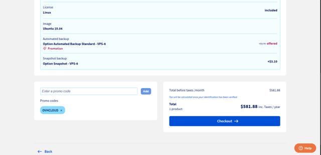 OVHcloud US checkout page showing OVHcloud US promo code box | Screenshot taken by SimplyCodes community member on Aug 25, 2025