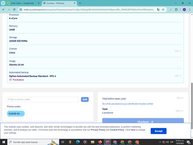OVHcloud US checkout page showing OVHcloud US promo code box | Screenshot taken by SimplyCodes community member on Sep 15, 2025