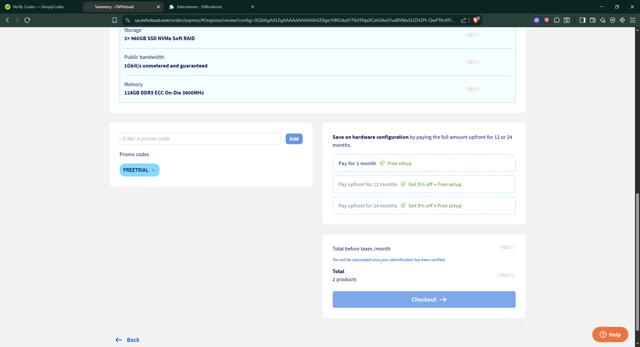 OVHcloud US checkout page showing OVHcloud US promo code box | Screenshot taken by SimplyCodes community member on Aug 28, 2025