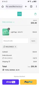 WELCOME15 coupon verification screenshot