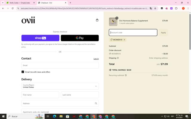 Ovii checkout page showing Ovii discount code box | Screenshot taken by SimplyCodes community member on Mar 8, 2025