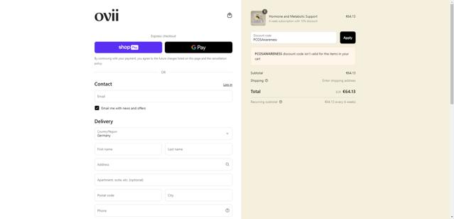 Ovii checkout page showing Ovii discount code box | Screenshot taken by SimplyCodes community member on Jun 6, 2025