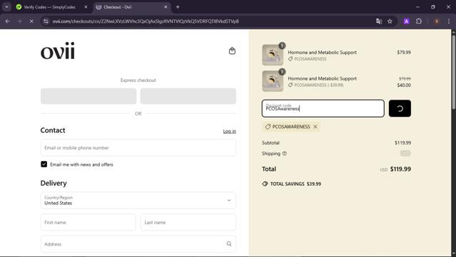 Ovii checkout page showing Ovii discount code box | Screenshot taken by SimplyCodes community member on Jun 6, 2025