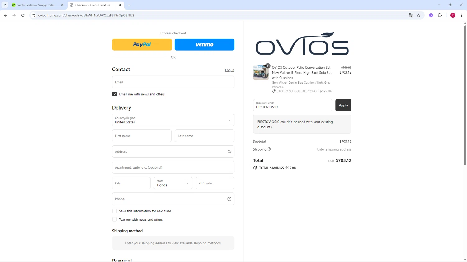 Ovios Furniture discount code screenshot showing code FIRSTOVIOS10 applied at Ovios Furniture checkout page. Uploaded by SimplyCodes community member TOROREX250 on Aug 16, 2025