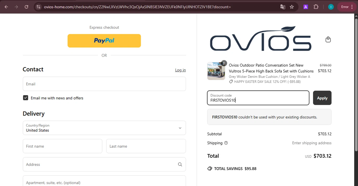 Ovios Furniture discount code screenshot showing code FIRSTOVIOS10 applied at Ovios Furniture checkout page. Uploaded by SimplyCodes community member NobleDefender3673 on Apr 20, 2025
