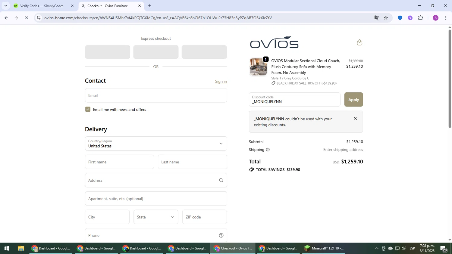 Ovios Furniture discount code screenshot showing code _MONIQUELYNN applied at Ovios Furniture checkout page. Uploaded by SimplyCodes community member Son_Goku on Nov 8, 2025