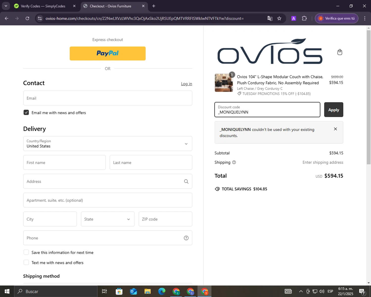 Ovios Furniture discount code screenshot showing code _MONIQUELYNN applied at Ovios Furniture checkout page. Uploaded by SimplyCodes community member lacrita_pirueta on Jan 22, 2025