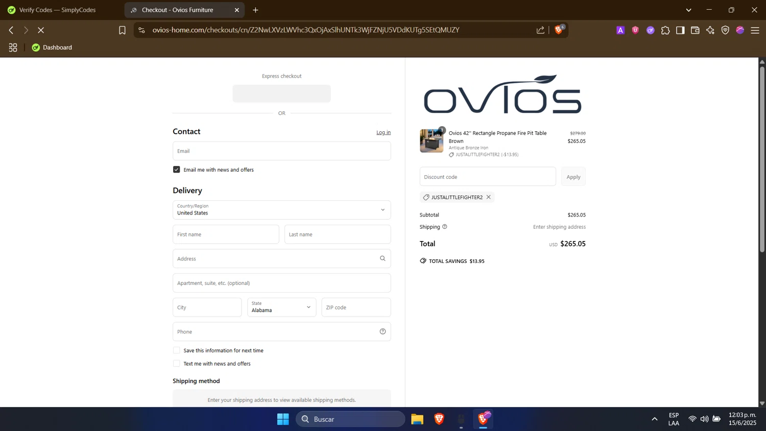 Ovios Furniture discount code screenshot showing code JUSTALITTLEFIGHTER2 applied at Ovios Furniture checkout page. Uploaded by SimplyCodes community member PrimeWhiz4850 on Jun 15, 2025