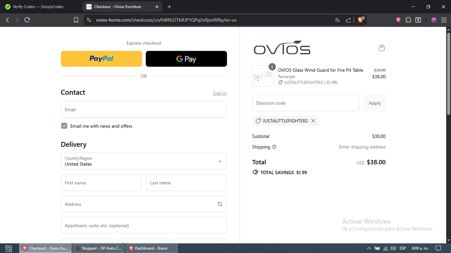 Ovios Furniture discount code screenshot showing code JUSTALITTLEFIGHTER2 applied at Ovios Furniture checkout page. Uploaded by SimplyCodes community member Samira on Sep 16, 2025