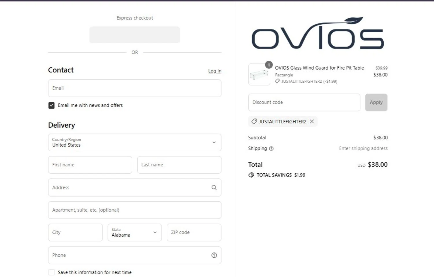 Ovios Furniture discount code screenshot showing code JUSTALITTLEFIGHTER2 applied at Ovios Furniture checkout page. Uploaded by SimplyCodes community member TOTONEROFL on Jul 23, 2025