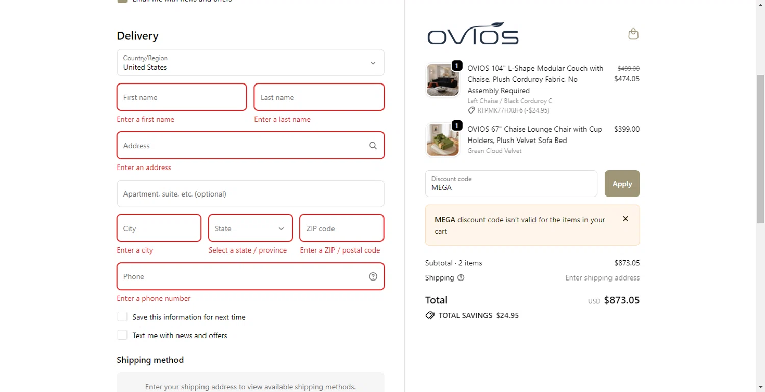 Ovios Furniture discount code screenshot showing code MEGA applied at Ovios Furniture checkout page. Uploaded by SimplyCodes community member CodeTitan6120 on Nov 6, 2025