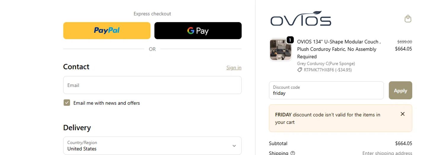 Ovios Furniture discount code screenshot showing code MEGA applied at Ovios Furniture checkout page. Uploaded by SimplyCodes community member ashe1986 on Nov 6, 2025
