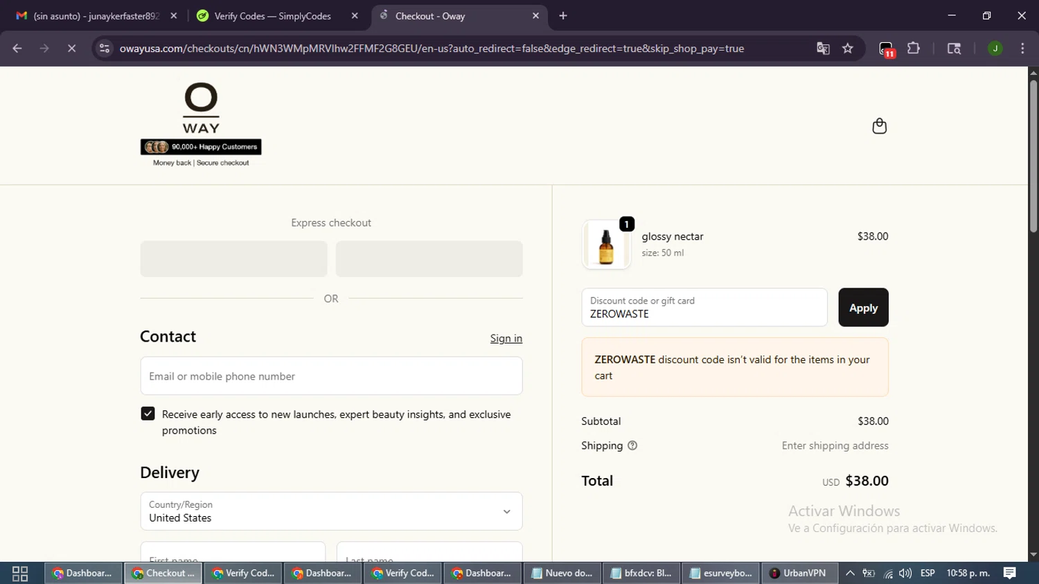 OWAY Organic Way promo code screenshot showing code ZEROWASTE applied at OWAY Organic Way checkout page. Uploaded by SimplyCodes community member SmartLion6646 on Sep 29, 2025