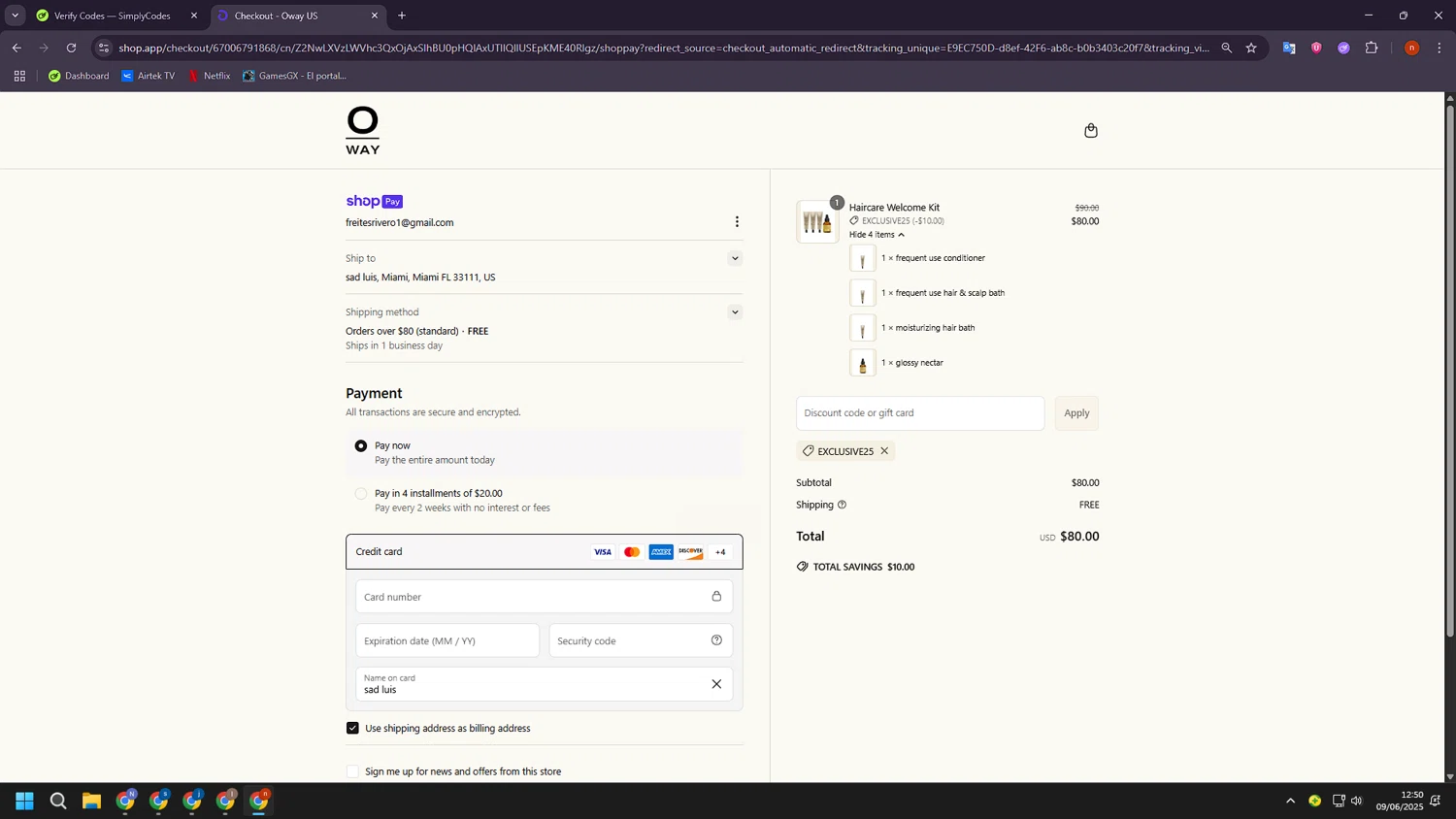 OWAY Organic Way promo code screenshot showing code exclusive25 applied at OWAY Organic Way checkout page. Uploaded by SimplyCodes community member BudgetShopper182 on Jun 9, 2025