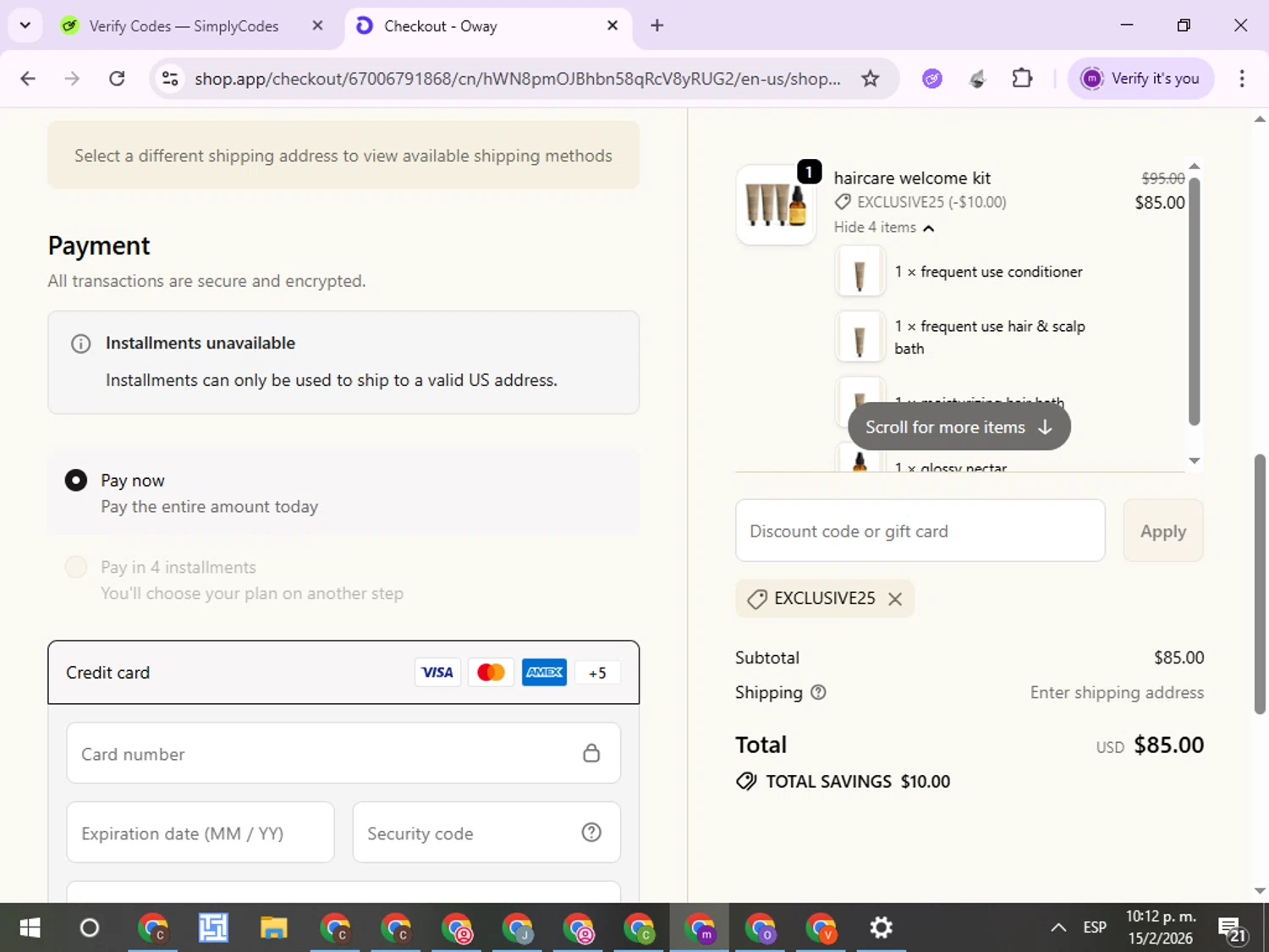 OWAY Organic Way checkout page showing OWAY Organic Way promo code box | Screenshot taken by SimplyCodes community member on Feb 16, 2026