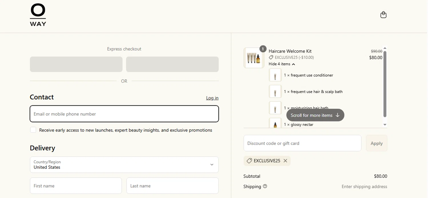 OWAY Organic Way promo code screenshot showing code exclusive25 applied at OWAY Organic Way checkout page. Uploaded by SimplyCodes community member shark12 on Jun 9, 2025