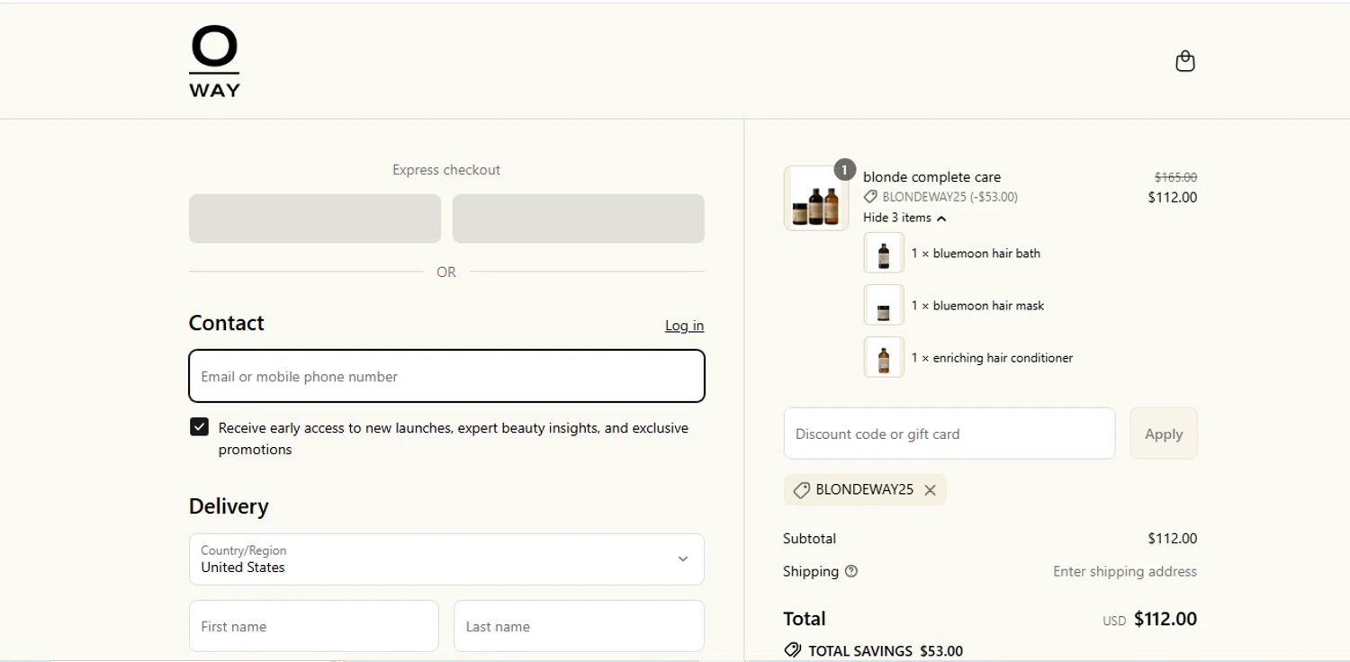OWAY Organic Way promo code screenshot showing code BLONDEWAY25 applied at OWAY Organic Way checkout page. Uploaded by SimplyCodes community member shark12 on Aug 26, 2025