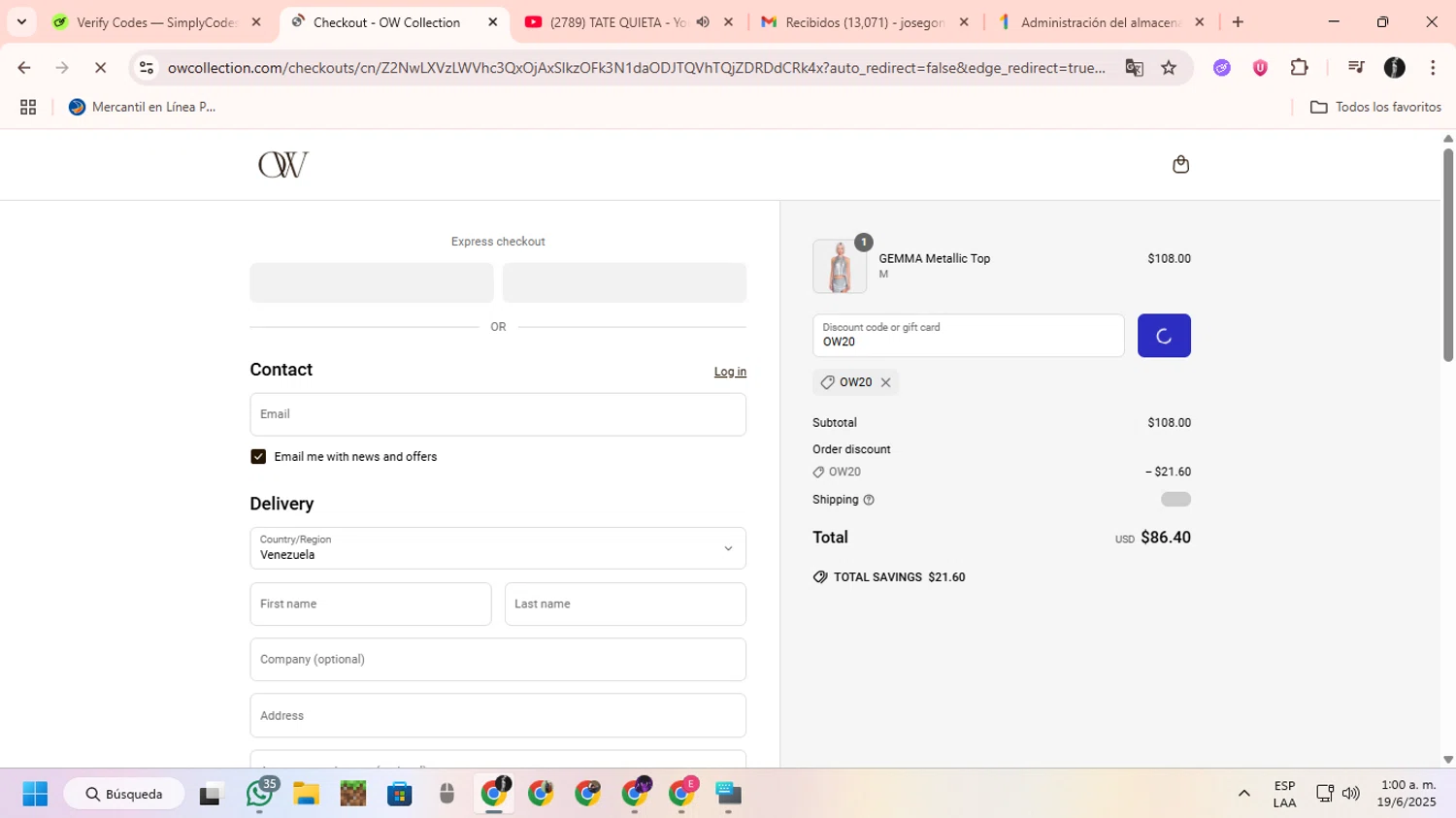 OW Collection promo code screenshot showing code OW20 applied at OW Collection checkout page. Uploaded by SimplyCodes community member ChinoYugiXD on Jun 19, 2025