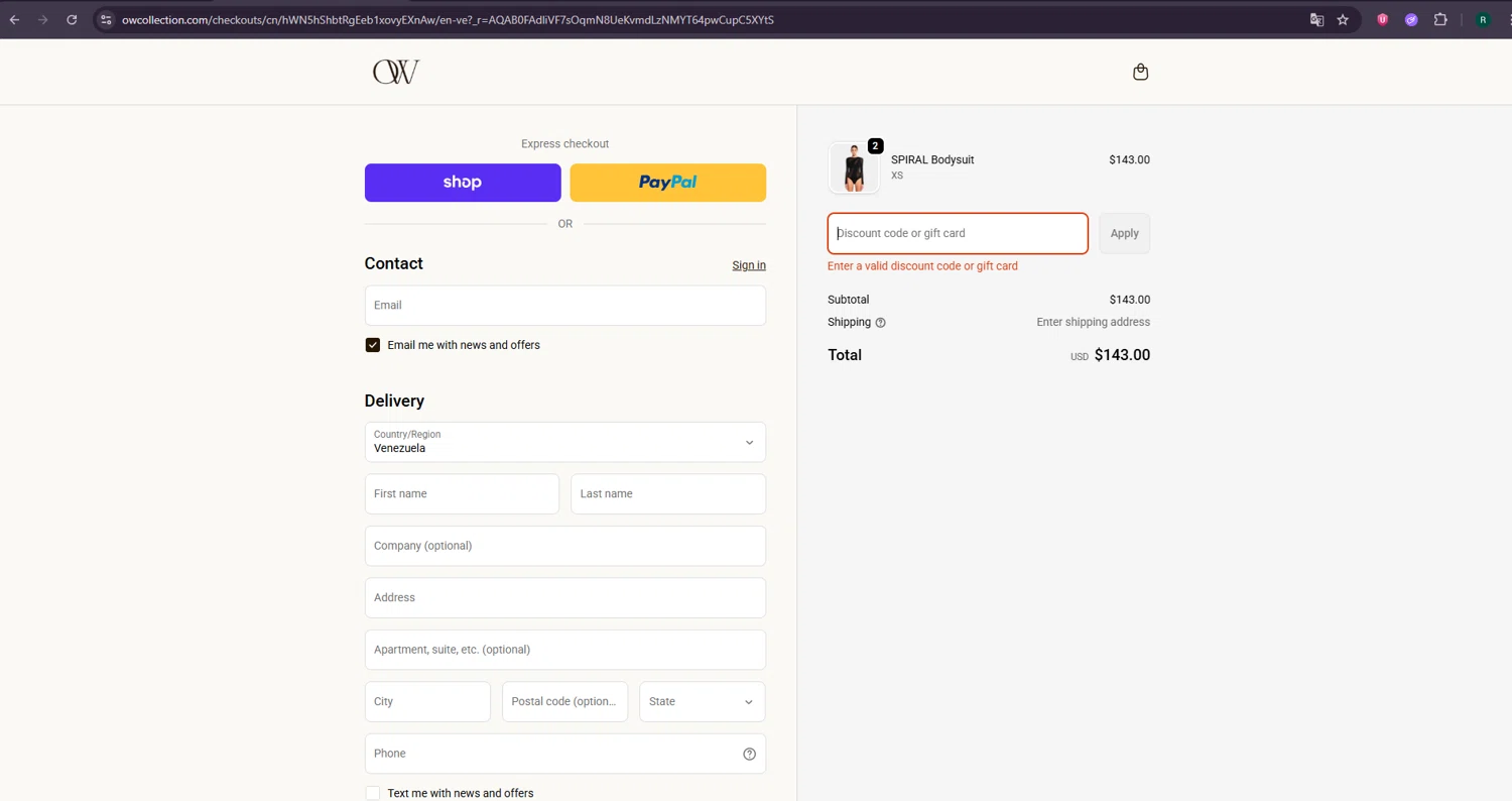 OW Collection promo code screenshot showing code OW20 applied at OW Collection checkout page. Uploaded by SimplyCodes community member SavvyHawk5598 on Nov 25, 2025