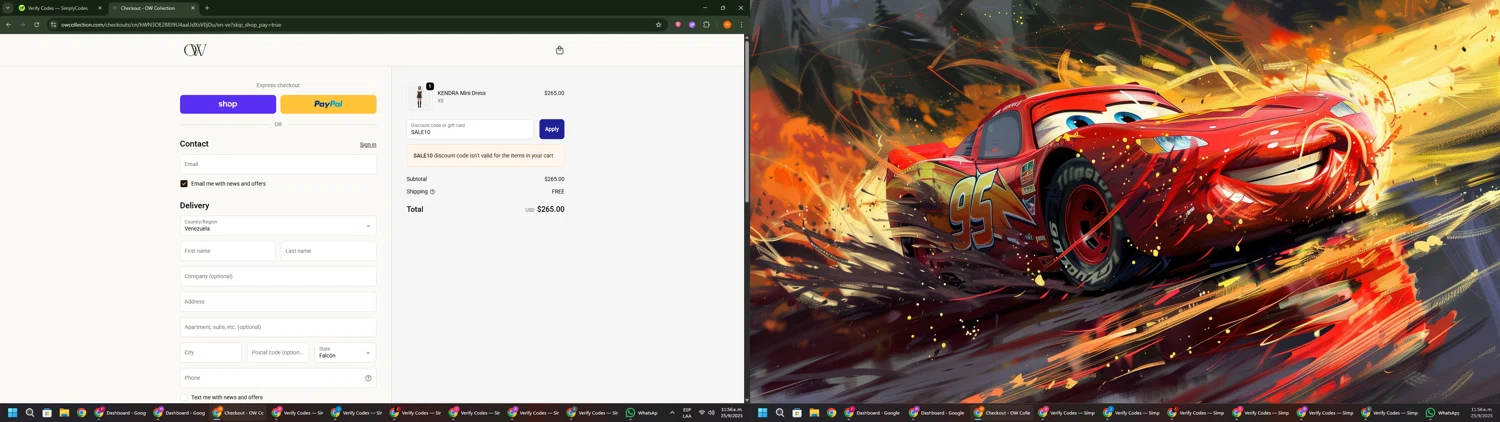 OW Collection promo code screenshot showing code SALE10 applied at OW Collection checkout page. Uploaded by SimplyCodes community member Davoxeneixe on Sep 25, 2025