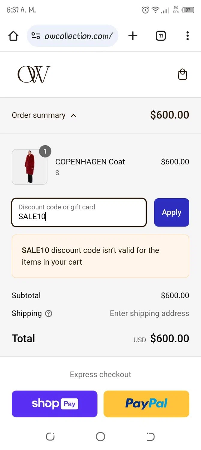 OW Collection promo code screenshot showing code SALE10 applied at OW Collection checkout page. Uploaded by SimplyCodes community member alexmarygomez on Mar 7, 2025