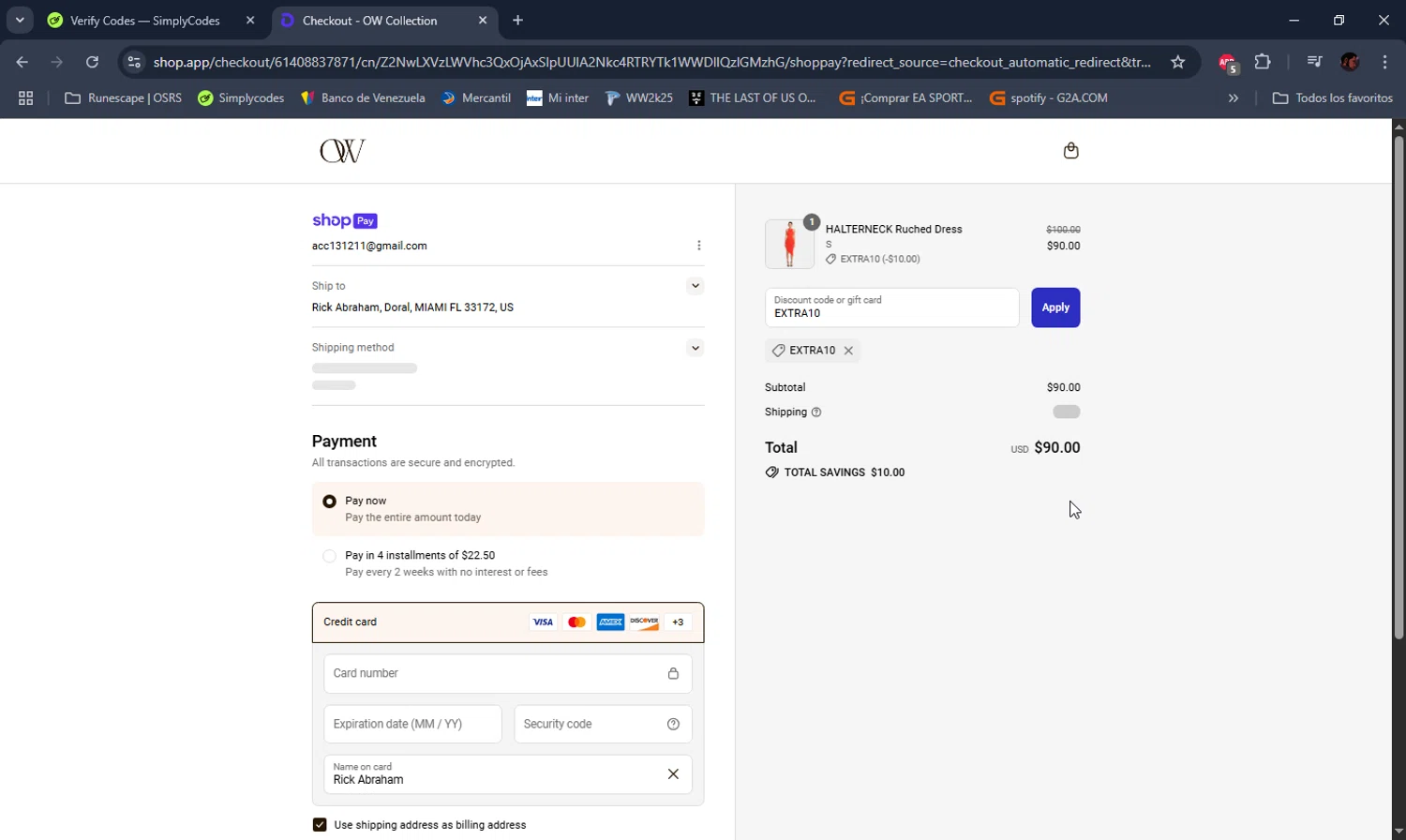 OW Collection promo code screenshot showing code EXTRA10 applied at OW Collection checkout page. Uploaded by SimplyCodes community member DealEagle493 on Jul 10, 2025
