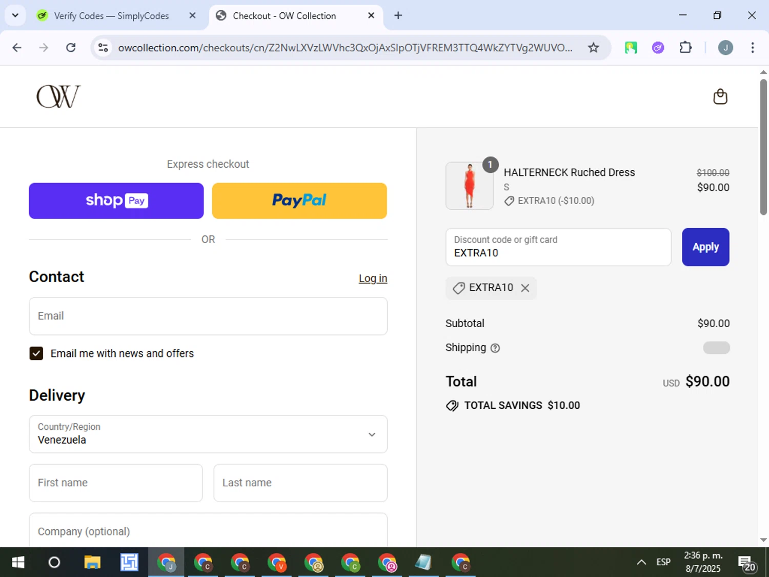 OW Collection promo code screenshot showing code EXTRA10 applied at OW Collection checkout page. Uploaded by SimplyCodes community member ValueTracker8384 on Jul 8, 2025