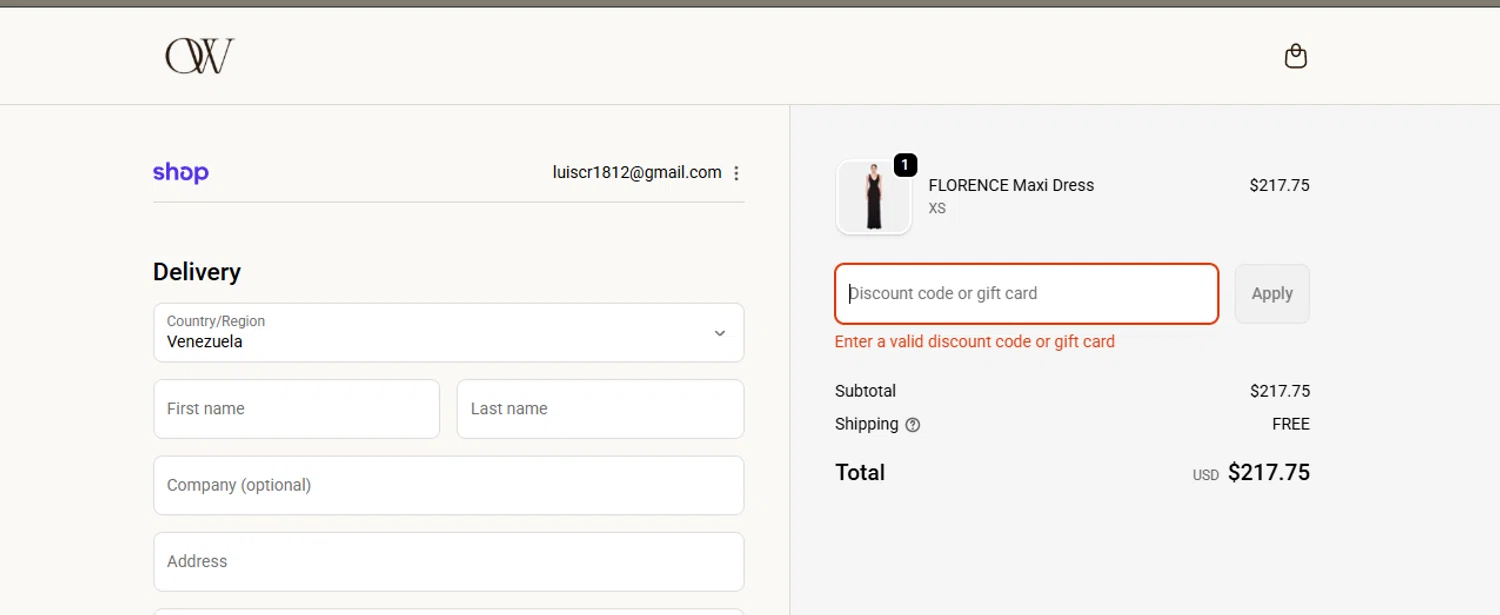 OW Collection promo code screenshot showing code WELCOME15 applied at OW Collection checkout page. Uploaded by SimplyCodes community member RoyalHunter7313 on Nov 30, 2025